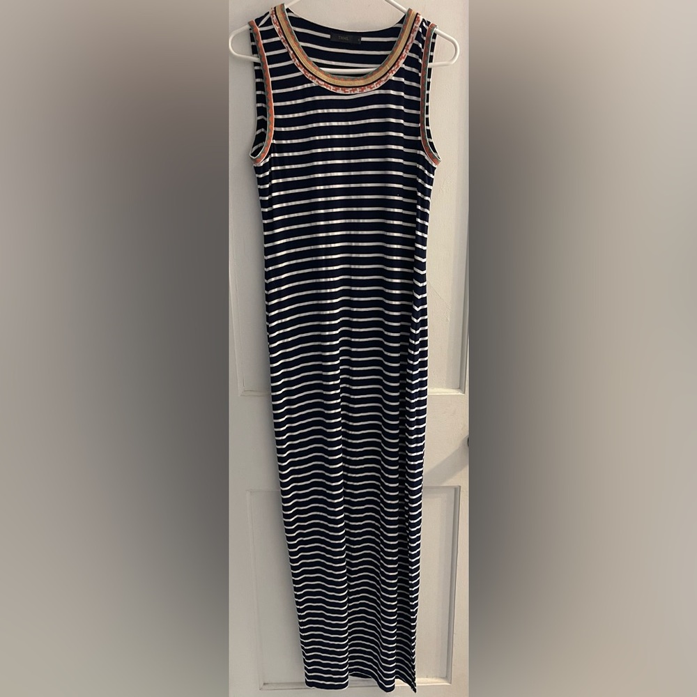 THML Maxi Dress Navy White Striped Dress Size Medium Embroidery Detail Side Slit